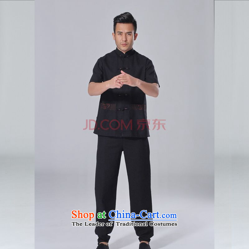 The elderly in the Arthur Min Tang dynasty male summer cotton linen collar Chinese Tai Chi Man serving short-sleeve kit for larger men's kung fu Kit , L, Joseph Pang black , , , shopping on the Internet