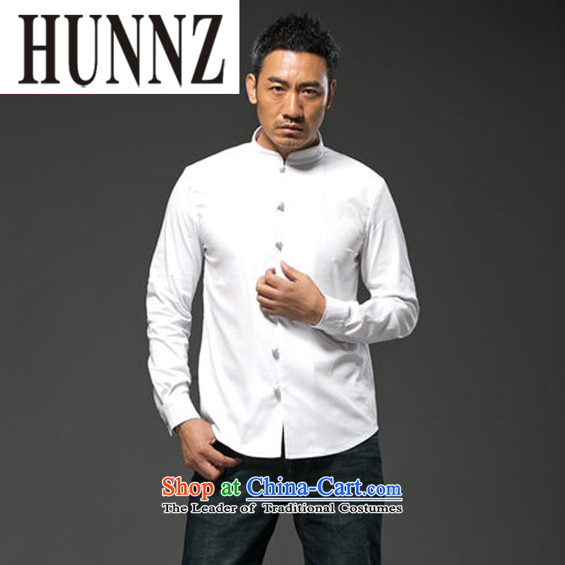 Hunnz China wind cotton linen collar disc detained men Tang Dynasty Chinese long-sleeved shirt-Sau San national costume white L