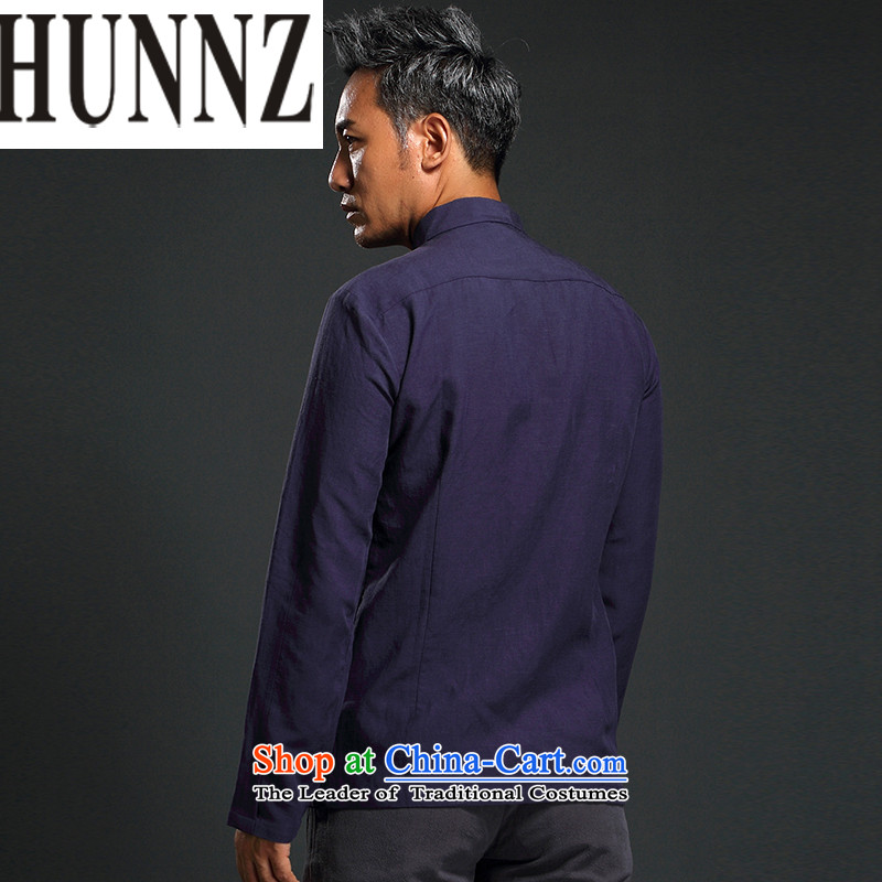 Hunnz China wind shirt long-sleeved shirt linen men minimalist Solid Color Chinese Tang tray clip Chinese tunic dark blue XL,HUNNZ,,, shopping on the Internet