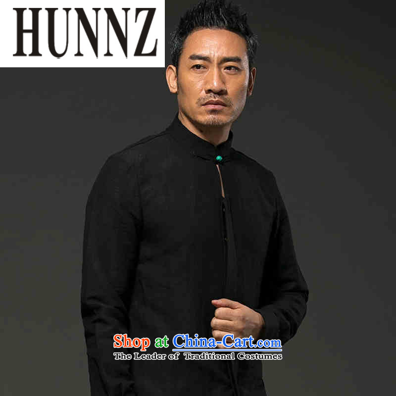 Hunnz Men long-sleeved natural linen leisure thin, Classical China wind relaxd shirt solid color black XXL,HUNNZ,,, Tang shopping on the Internet