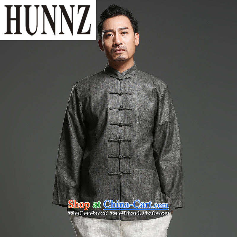 Hunnz China wind cotton linen men tray clip collar Tang dynasty retro men who are ethnic long sleeved shirt gray XXL,HUNNZ,,, shopping on the Internet