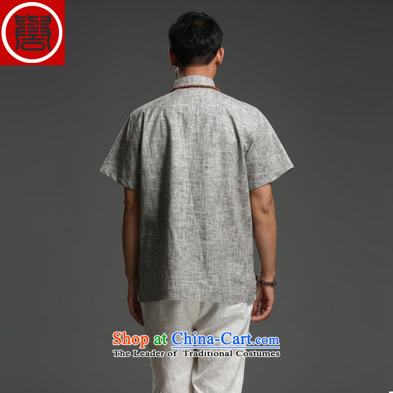 Renowned Hua Xia Men serving 2015 cotton linen short-sleeved T-shirt China wind Chinese half sleeve embroidery China wind men XXL, gray T-shirt (chiyu renowned shopping on the Internet has been pressed.)