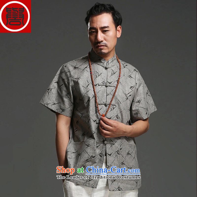 Renowned Chinese service men Tang dynasty cotton linen collar short-sleeved shirt stamp loose China wind and trendy Chinese men XXL, Light Gray (chiyu renowned shopping on the Internet has been pressed.)