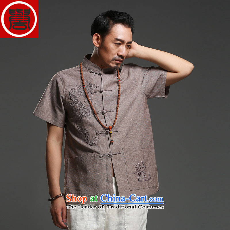 Renowned Chinese Tang dynasty service men short-sleeved cotton linen 2014 new dragon design Tang dynasty summer breathable T-shirt, dark gray XXXL, national costumes (chiyu renowned shopping on the Internet has been pressed.)