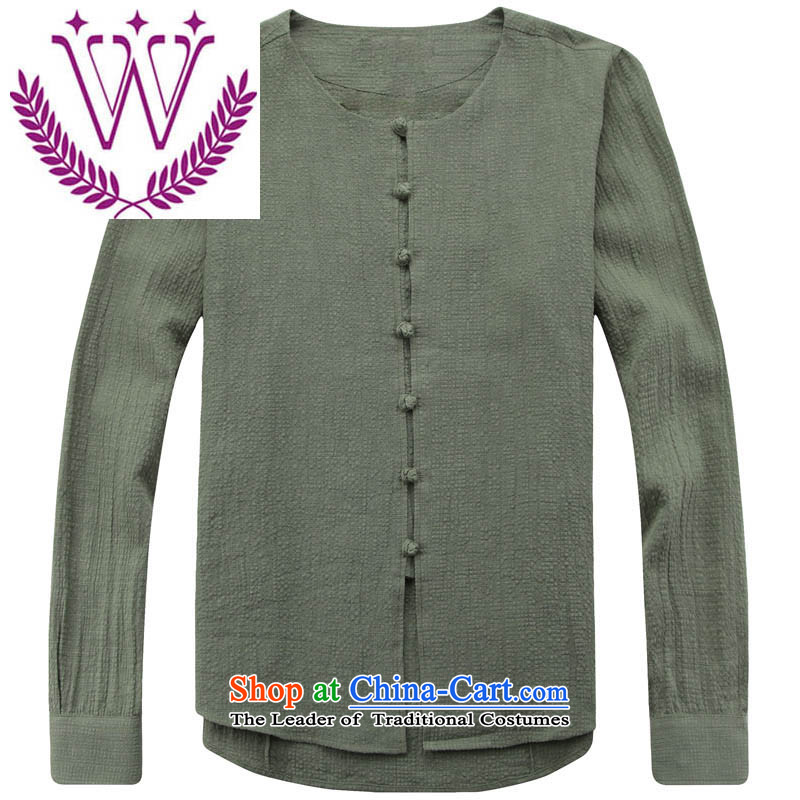 Tang Dynasty and long-sleeved round-neck collar thin cotton linen jacket, serving Chinese Nation retreat retro-ball-serving simple men Green 180