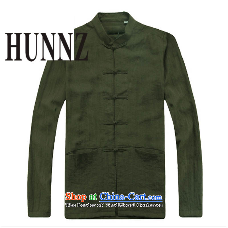 New Products retro China HUNNZ wind long-sleeved men cotton leprosy is Chinese Tang dynasty male in older ball collar military green 175,HUNNZ,,, shopping on the Internet