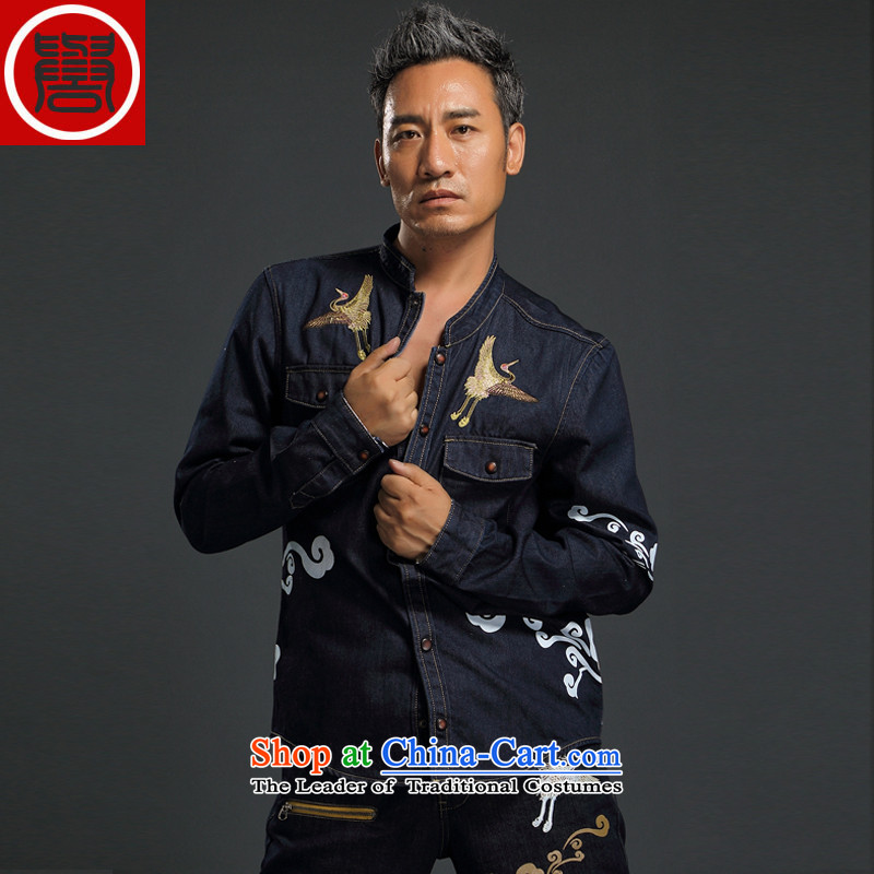 Renowned Chinese Services China wind-step Sean Lau cowboy long-sleeved shirt with retro stamp Xiangyun Cowboy Chinese jacket men renowned blue, L (chiyu) , , , shopping on the Internet