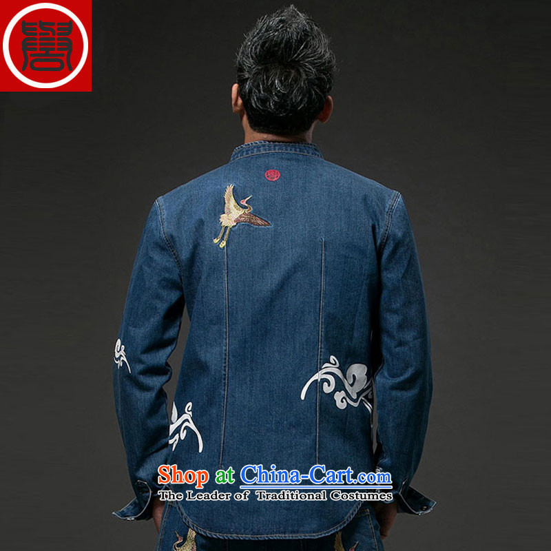 Renowned Chinese Services China wind-step Sean Lau cowboy long-sleeved shirt with retro stamp Xiangyun Cowboy Chinese jacket men renowned blue, L (chiyu) , , , shopping on the Internet