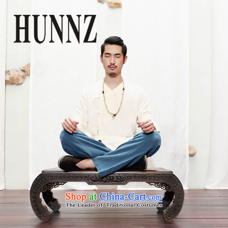 New Natural Linen HUNNZ Tang replacing men long-sleeved kit simple casual dress Han-solid color T-shirt White170