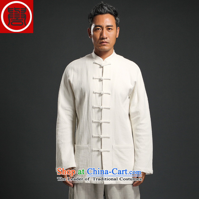 Renowned Tang dynasty autumn long-sleeved men's disk-han-China wind linen men casual relaxd cotton linen and White XXL Shirt