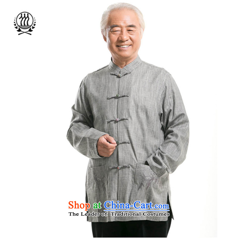 Thre line men and long-sleeved autumn linen straight Tang Dynasty Chinese leisure Han-national costumes China wind male embroidery old father replacing 0792-1 BLACKLEAD XL/180, blue-gray line (gesaxing Bosnia and thre) , , , shopping on the Internet
