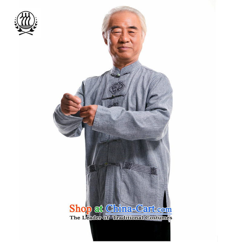 The new line of Bosnia and thre autumn men long-sleeved Tang dynasty China wind Men's Mock-Neck Tang in older manual Tray Tie long-sleeved Tang Gown of ethnic men Tang dynasty blue-grayXL_180