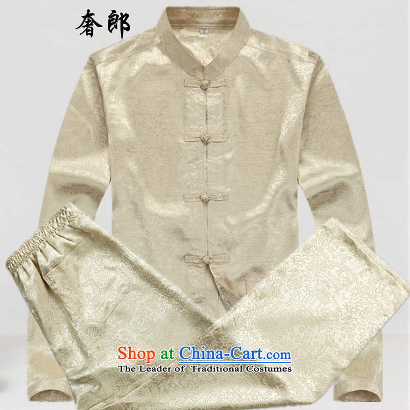 The luxury of health of older persons in the Tang Dynasty Men long-sleeved kit installed China wind father Tang dynasty elderly men clothes grandpa autumn replacing large business and leisure suite m YellowL_175 Kit