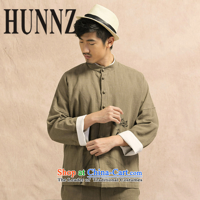 Tang dynasty China wind HUNNZ long-sleeved shirt jacket men linen leisure Chinese Han-cotton linen simple blouse Chinese tunic Army Green 175,HUNNZ,,, shopping on the Internet