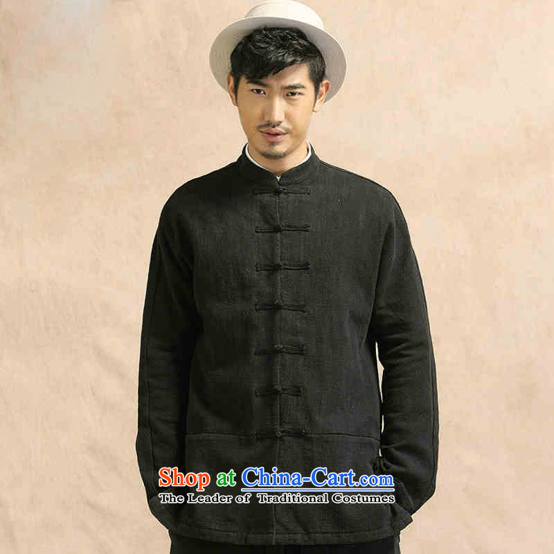 New improved men HUNNZ low) natural cotton linen Tang Dynasty Chinese long-sleeved shirt collar leisure Han-male black T-shirt 185,HUNNZ,,, shopping on the Internet