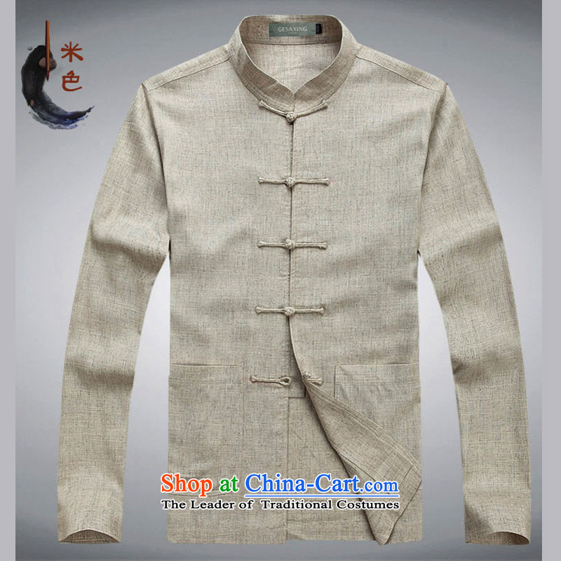China wind men Tang dynasty long-sleeved kit male Han-cotton linen long-sleeved Kit Chinese collar manually disc detained men on cotton linen cuff kit multi-colored beige XXXL/190, optional thre line (gesaxing and Tobago) , , , shopping on the Internet