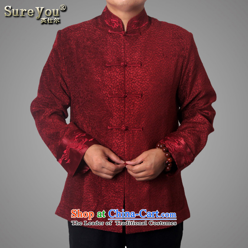 Mr Rafael Hui-ying's New Man Tang jackets spring long-sleeved shirt collar male China wind Chinese elderly in the national costumes festive holiday gifts deep red 0978 175