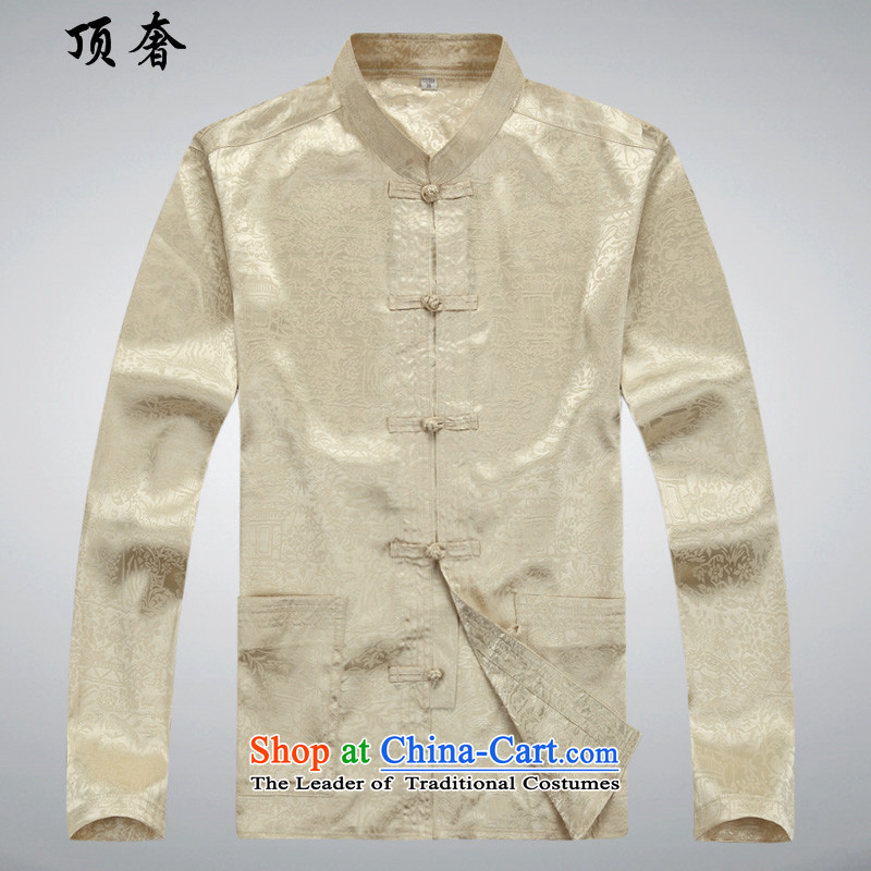 Top Luxury Men long-sleeved shirt of older persons in the Chinese Tang dynasty package male summer spring and fall loose version Tang dynasty and long-sleeved shirt, served to increase the River During the Qingming Festival  of beige kit XL/180, top luxur