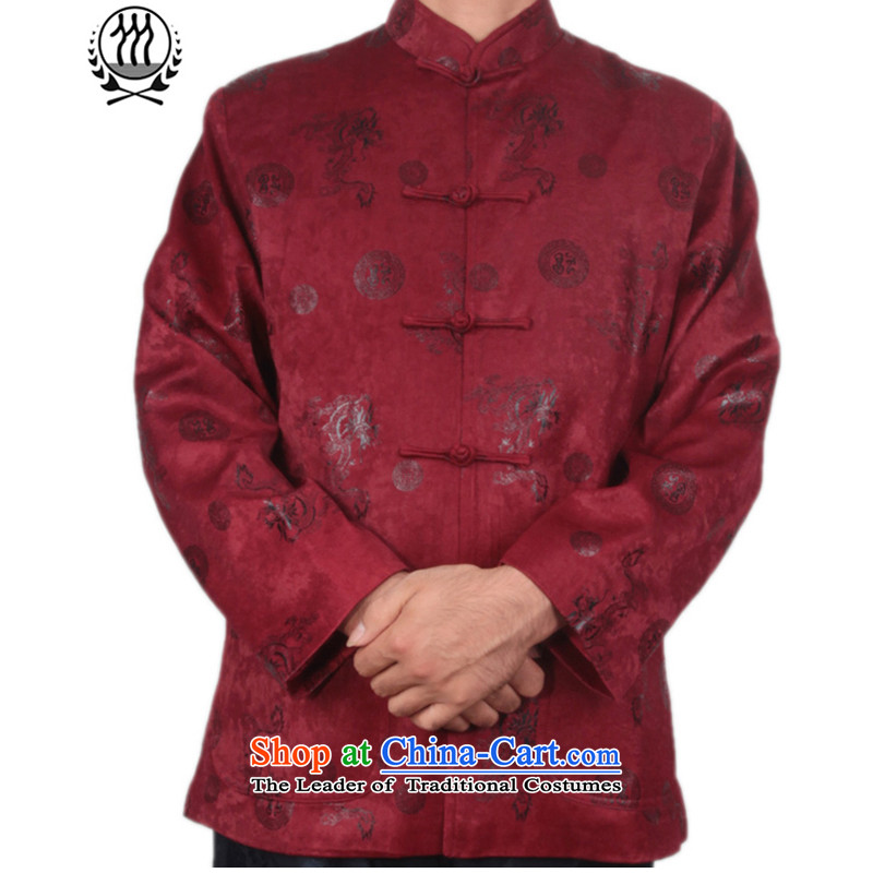 Thre line autumn and winter and new men satin foron pattern Tang dynasty democratic wind Men's Mock-Neck Stamp Tang jackets in older disk Tang dynasty F1225 detained XXL/185, espresso and thre line (gesaxing) , , , shopping on the Internet