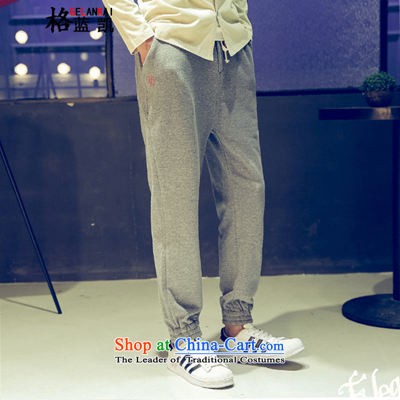 The blue Kai _GELANKAI_ national costumes men fall inside China wind text embroidery large casual pants and gray trousers castor K006 XL