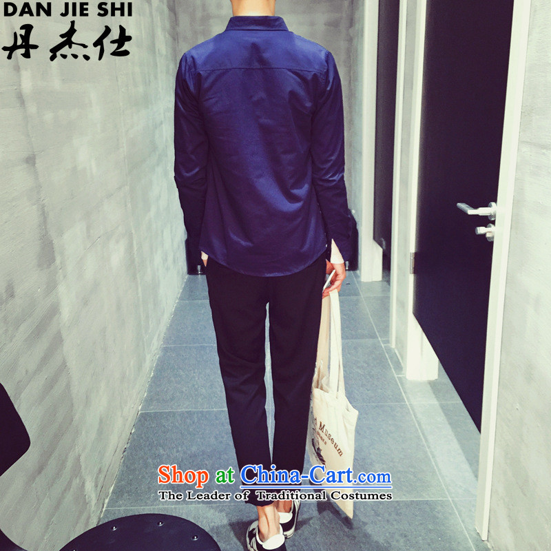 Dan Jie Shi autumn 2015 men's new Korean version is smart casual personality letters stamp China wind long-sleeved shirt and navy , L, Dan Jie Shi (DANJIESHI) , , , shopping on the Internet