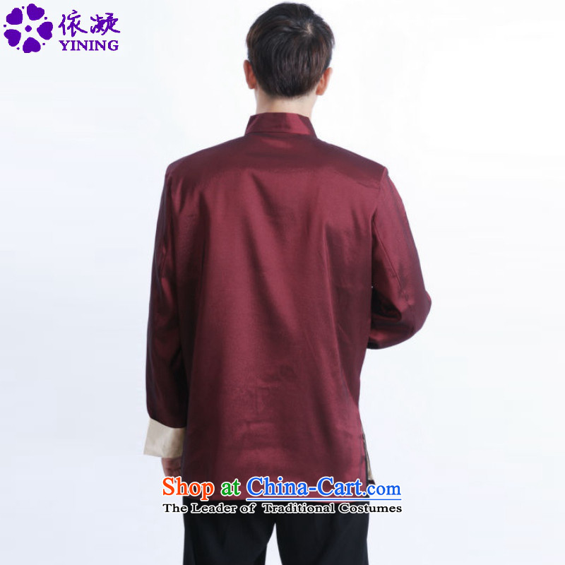 In accordance with the fuser retro ethnic Chinese long-sleeved shirt improved Men's Mock-Neck Ssangyong embroidery in older father replacing Tang jackets LGD/M1013#  2XL, wine red in accordance with the fuser has been pressed shopping on the Internet