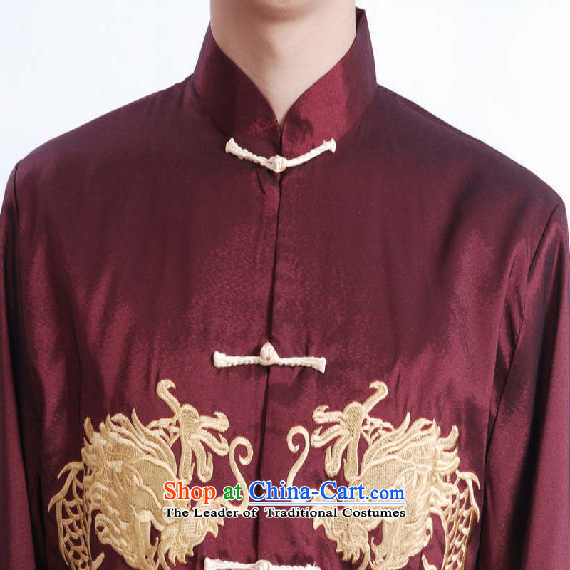 In accordance with the fuser retro ethnic Chinese long-sleeved shirt improved Men's Mock-Neck Ssangyong embroidery in older father replacing Tang jackets LGD/M1013#  2XL, wine red in accordance with the fuser has been pressed shopping on the Internet