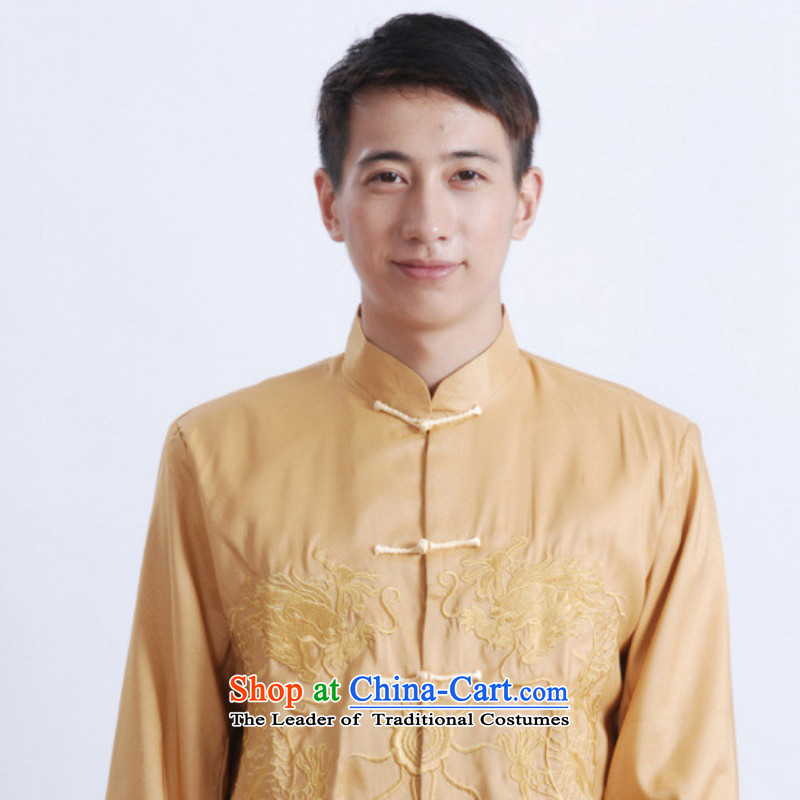 In accordance with the love of ethnic Chinese improvements in long-sleeved blouses Tang collar double dragon embroidered with Father Tang jackets LGD/M1009#  3XL, yellow to love l , , , shopping on the Internet