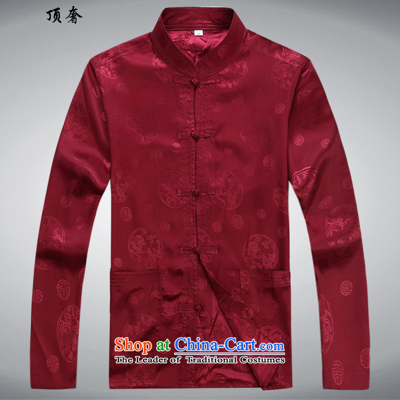 Top Luxury of older men Chun Tang dynasty in the summer and autumn of ethnic father Father casual China wind long-sleeved Kit - round dragon long-sleeved red kit Tang plus?175 Pants Shirts