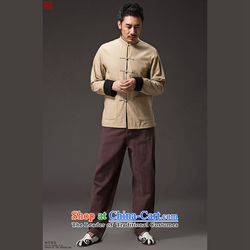 Renowned China wind retro men Chinese loose long-sleeved Chinese collar disc detained Chinese tunic duplex Tang Dynasty Yi put on Men's Shirt Han-kung fu XXXL, light gray (CHIYU renowned shopping on the Internet has been pressed.)