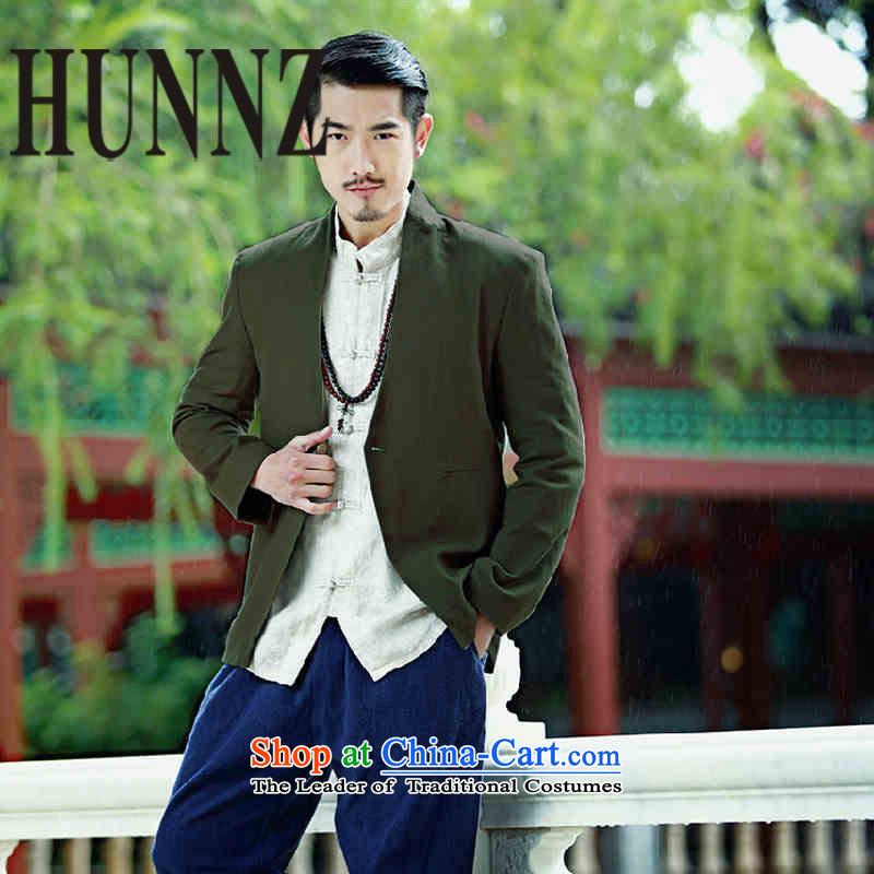 Stylish and classic casual HUNNZ suit Male youth jacket one capsule Sau San clip cotton linen clothes Chinese men Green 175
