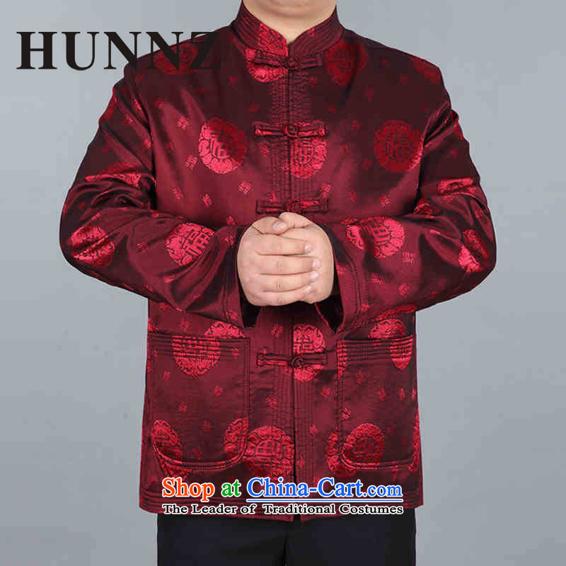 Hunnz men Tang jacket in older Mock-Neck Shirt Birthday Feast National Chinese jacket with dark red 180,HUNNZ,,, grandpa shopping on the Internet