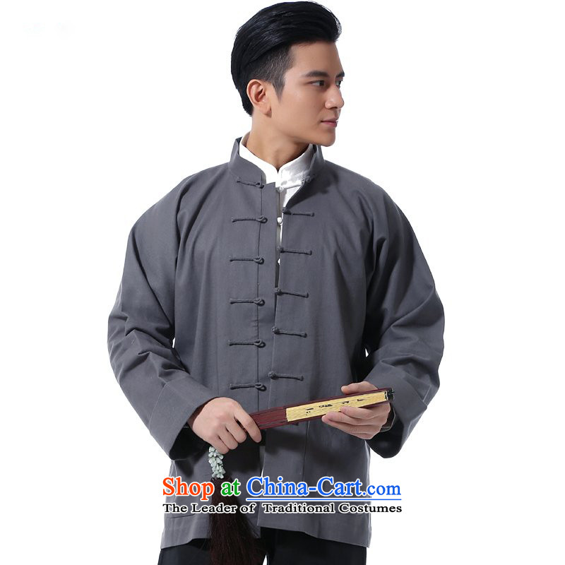 Hunnz men's Chinese New long-sleeved shirt linen clothes China wind up charge-back collar retro jacket improved Tang dynasty gray L,HUNNZ,,, shopping on the Internet