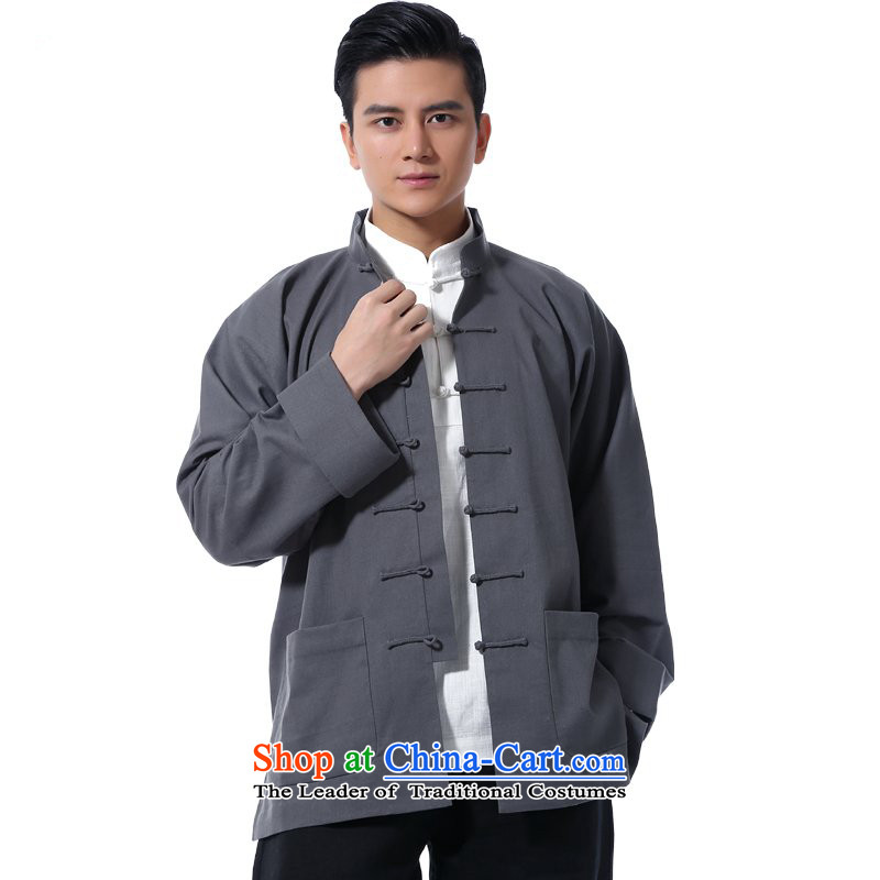 Hunnz men's Chinese New long-sleeved shirt linen clothes China wind up charge-back collar retro jacket improved Tang dynasty gray L,HUNNZ,,, shopping on the Internet