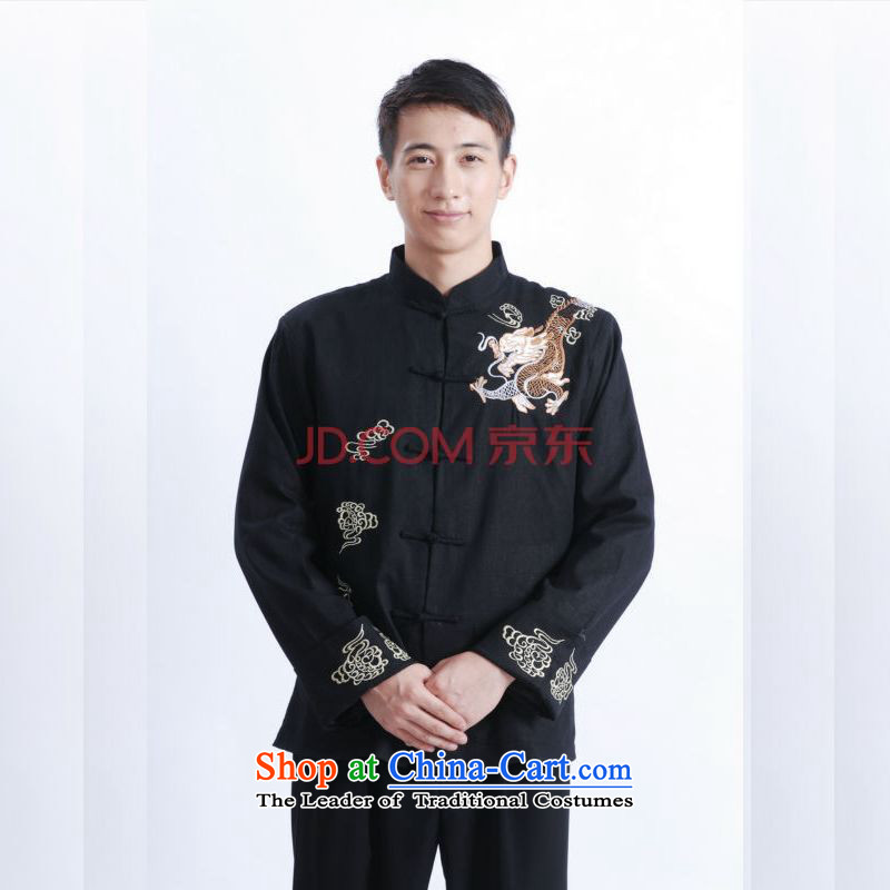 Shanghai, optimization options Tang Dynasty Men long-sleeved national costumes men Tang jackets collar embroidery Chinese dragon M1121 XXXL black