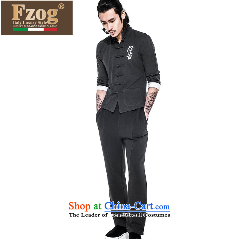 Phaedo of FZOG/ men's national costumes geometry stamp men's comfortable cotton linen collar long-sleeved black S,fzog,,, Tang dynasty leisure shopping on the Internet