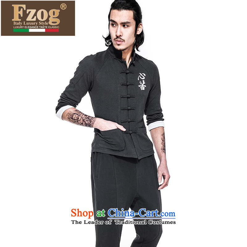 Phaedo of FZOG/ men's national costumes geometry stamp men's comfortable cotton linen collar long-sleeved black S,fzog,,, Tang dynasty leisure shopping on the Internet