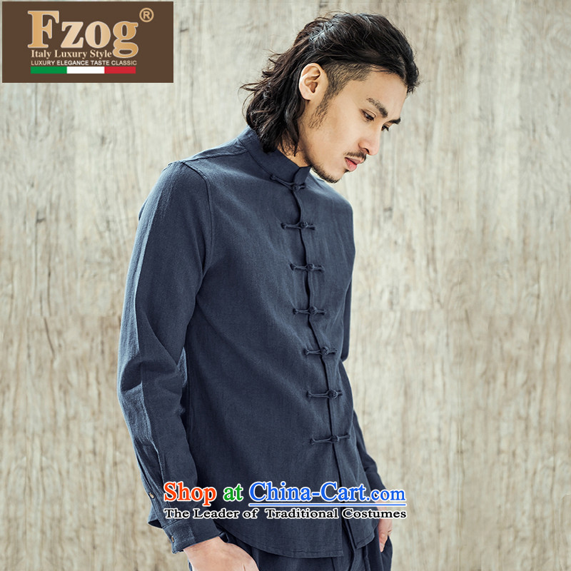 Phaedo grid comfortable FZOG/ soft cotton linen long-sleeved men China wind solid color leisure men's Sau San Tong blue S,fzog,,, shopping on the Internet