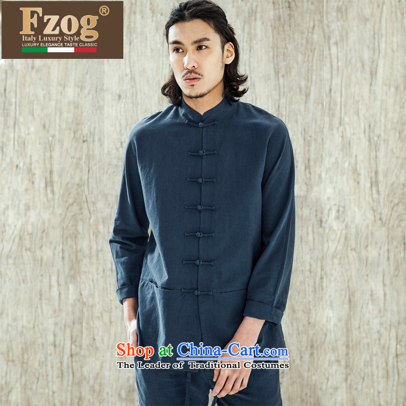 Phaedo of China FZOG/ wind stereo disc detained men embroidered icon solid color cotton linen collar Sau San Tong long-sleeved blue S,fzog,,, shopping on the Internet