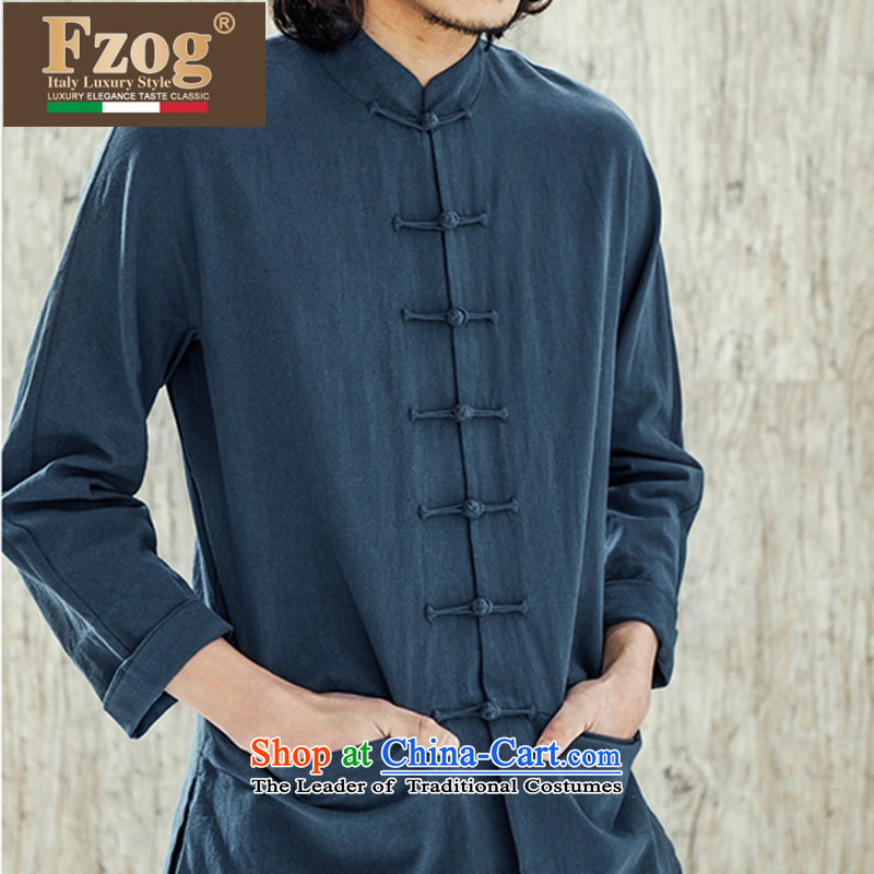 Phaedo of China FZOG/ wind stereo disc detained men embroidered icon solid color cotton linen collar Sau San Tong long-sleeved blue S,fzog,,, shopping on the Internet