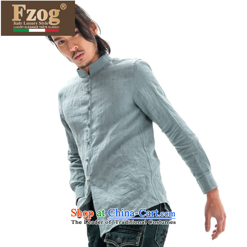 Phaedo of FZOG/ autumn and winter, China wind Men's Shirt jacquard collar youth men's long-sleeved Tang Dynasty Blue Linen S,fzog,,, shopping on the Internet