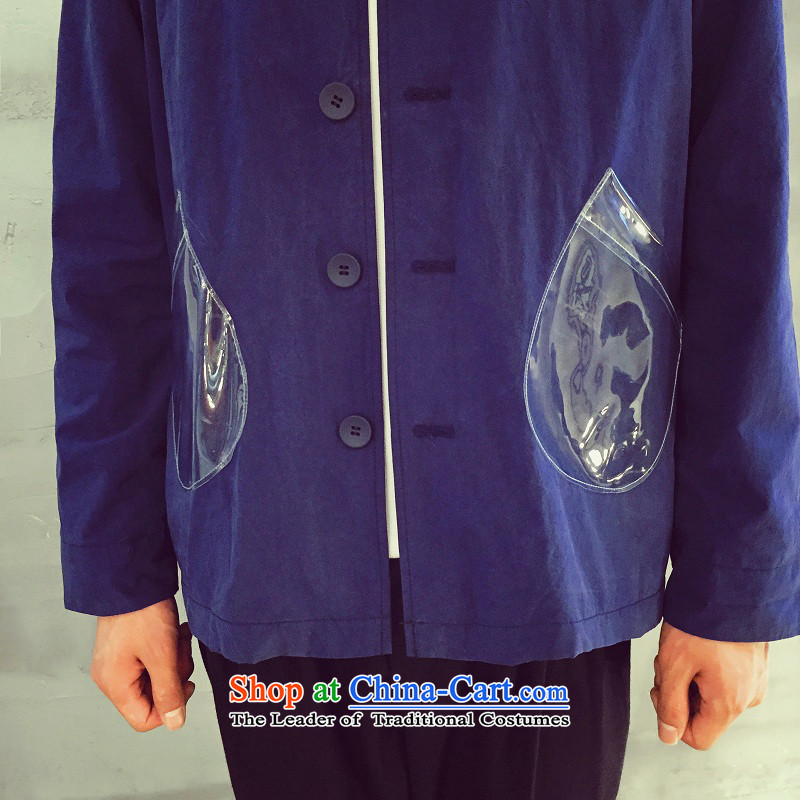 The new 2015 fall tillage Korean men cotton wash Chinese tunic transparent pocket solid color jacket Male Blue , L, tiller new shopping on the Internet has been pressed.