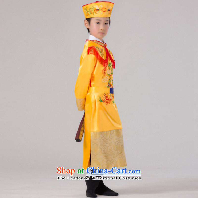 The Syrian children ancient time costumes of the Tang Dynasty emperors costume boy wearing yellow with little dragons robe Prince Edward costumes and pale yellow 150CM, time Syrian shopping on the Internet has been pressed.