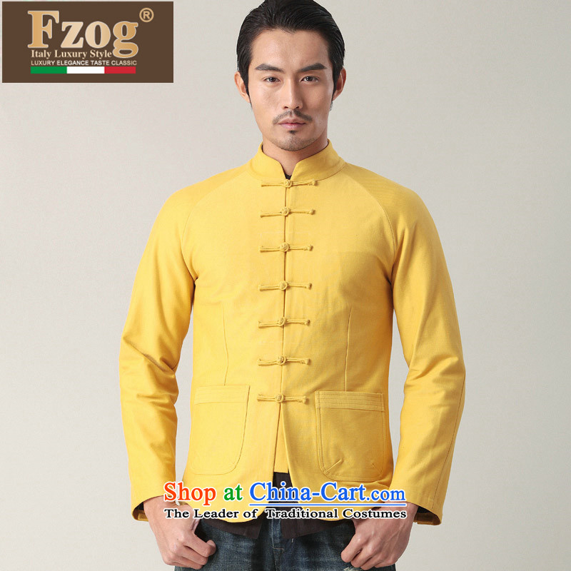 Phaedo of China FZOG/ wind collar slotted pan detained Men's Shirt Chinese young man pure cotton long-sleeved yellow M,fzog,,, Tang dynasty shopping on the Internet