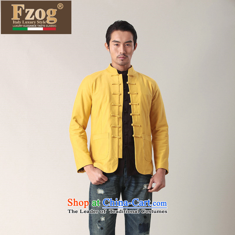 Phaedo of China FZOG/ wind collar slotted pan detained Men's Shirt Chinese young man pure cotton long-sleeved yellow M,fzog,,, Tang dynasty shopping on the Internet