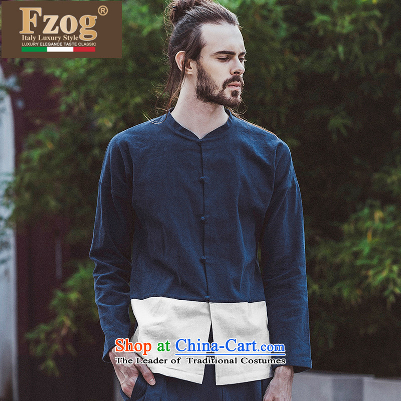 Phaedo grid style FZOG/ China wind spell color men comfortable cotton linen youth Long-sleeve leisure Tang blue L,fzog,,, shopping on the Internet