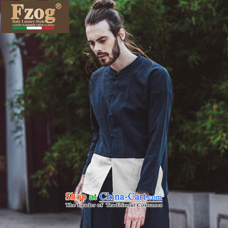 Phaedo grid style FZOG/ China wind spell color men comfortable cotton linen youth Long-sleeve leisure Tang blue L,fzog,,, shopping on the Internet