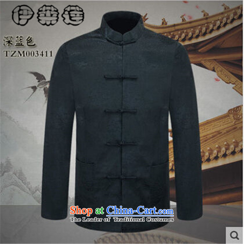 Hirlet Ephraim2015 Fall_Winter Collections of new products men's jackets tang of older persons in the national costumes of Grandpa father of ethnic Chinese dress and pure color T-shirt Dark Blue175
