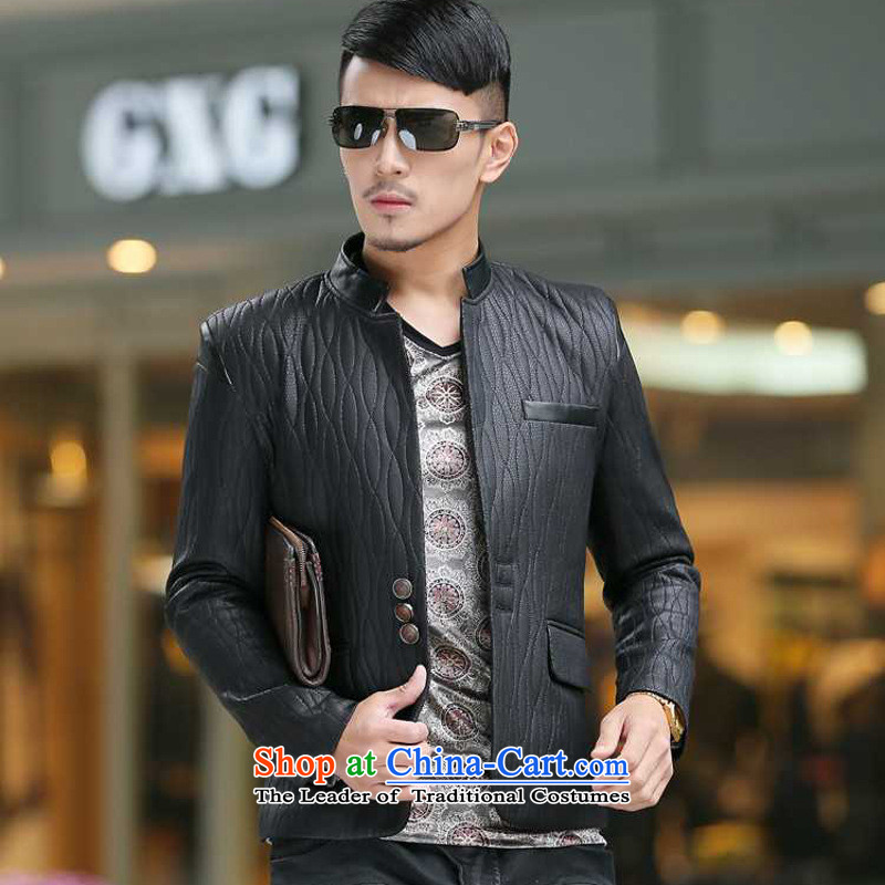 Dan Jie Shi 2015 Fall/Winter Collections new stylish high-end xl business Sau San Men's Mock-Neck leather garments Chinese tunic suit coats map color XXL, Dan Jie Shi (DAN JIE SHI) , , , shopping on the Internet