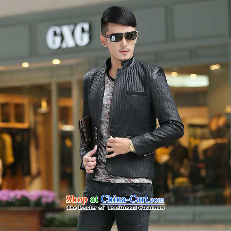 Dan Jie Shi 2015 Fall/Winter Collections new stylish high-end xl business Sau San Men's Mock-Neck leather garments Chinese tunic suit coats map color XXL, Dan Jie Shi (DAN JIE SHI) , , , shopping on the Internet